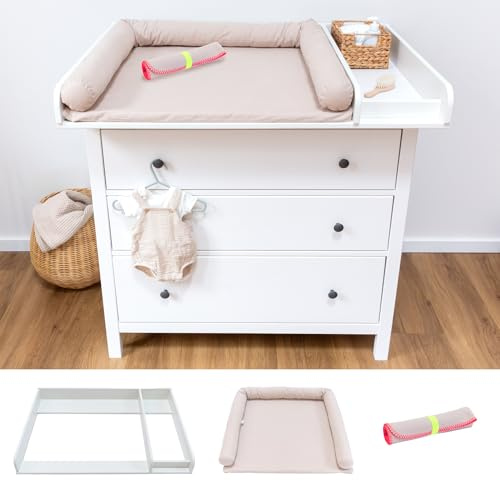 LIMMALAND Wickelaufsatz Set für IKEA HEMNES – mit Aufsatz, Wickelauflage & Umrandung aus 100% Baumwolle (Pure Beige, 108 cm Aufsatz, Auflage & Unterlage)