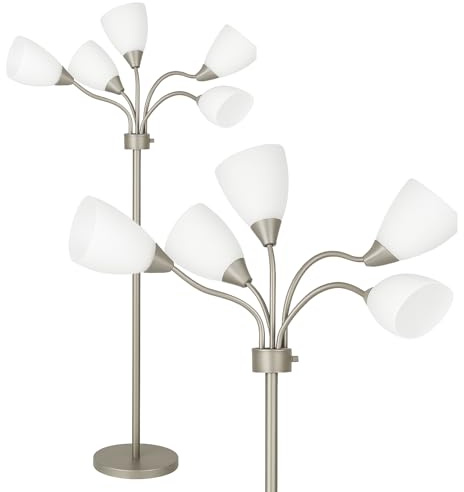 LIGHTACCENTS Medusa 5-Light Floor Lamp for Bedroom – Multi-Head Standing Lamp with 5 White Acrylic Shades, Silver Spider Lamp, Bright Floor Lamp for Bedroom, Living Room, Office