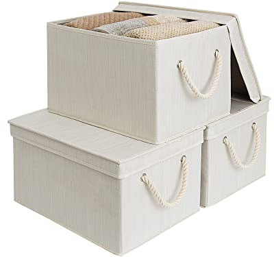 StorageWorks Wardrobe Storage Boxes with Lids, Large Fabric Storage Boxes with Lids, Decorative Storage Baskets with Lids and Soft Rope Handles, Mixing of Beige, White & Ivory, 3-Pack