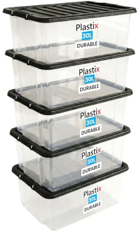 Plastix Clear Plastic Storage Box Boxes With Black Lids Home Office Stackable UK Made (5, 30L)