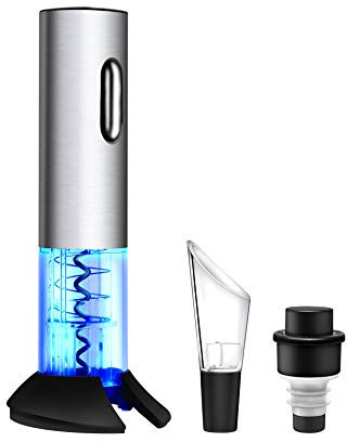WIWONEY Electric Wine Opener, Automation Bottle Opener, Stainless Steel Electric Wine Corkscrew with USB Charging Port, Foil Cutter, Vacuum Stopper and Pourer