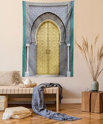 ABAKUHAUS marokkanisch Wandteppich, Antike Türen aus Weiches Mikrofaser Stoff Waschbar ohne Verblassen Digitaldruck, 150 x 110 cm, Türkis Gelb