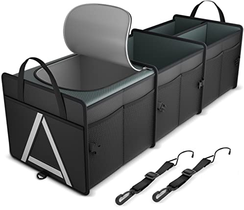 K KNODEL Sturdy Car Trunk Organizer with Premium Insulation Cooler Bag, 3 Compartments Heavy Duty Collapsible for Car, SUV, Truck, or Van (Large, Black)
