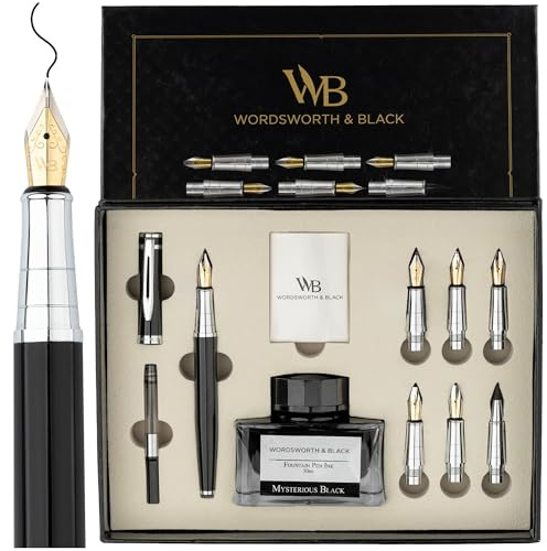 Wordsworth & Black Set regalo penna per calligrafia, include bottiglia d'inchiostro, 6 cartucce d'inchiostro, convertitore ricarica d'inchiostro, 6 punte di ricambio, Pacchetto Premium [Cromate Nere]