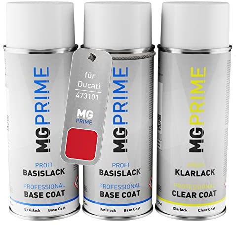 MG PRIME Vernice per moto Bombolette per Ducati 473101 Rosso + trasparente | Kit vernice di fondo + base + trasparente, bombolette spray 400ml
