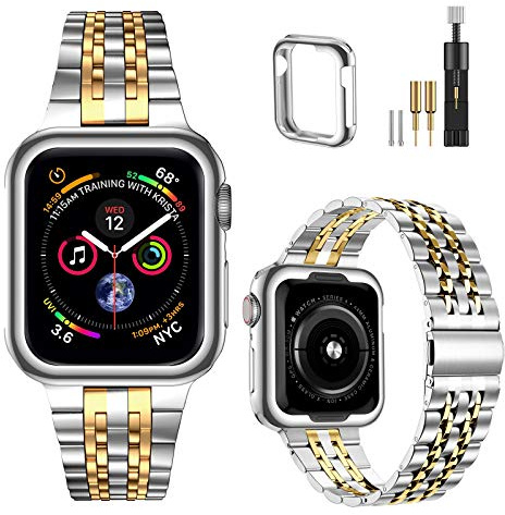 MioHHR Compatible with Apple Watch Strap 42mm 44mm 45mm, Solid Stainless Steel Metal Band for iWatch Series 9 8 7 6 5 4 3 2 1 SE Men and Women (Silver/Gold)