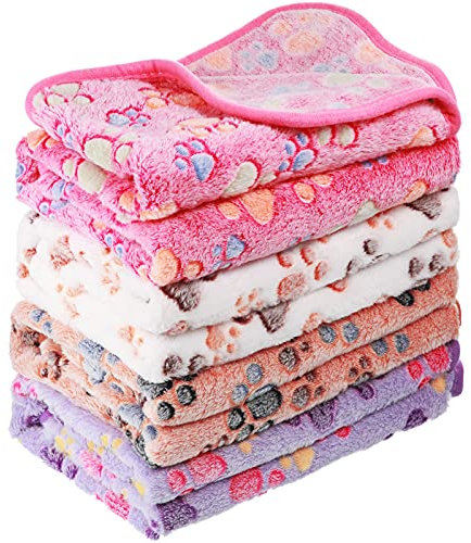 4 Stück Haustier Hundedecke Pfote Muster Welpen Fleecedecke für Klein Mittel Haustier Hund Katze Warme Schlafmatte Hündchen Kätzchen Weiche Bettmatte (Weiß, Kaffee, Rosa, Lila, S)