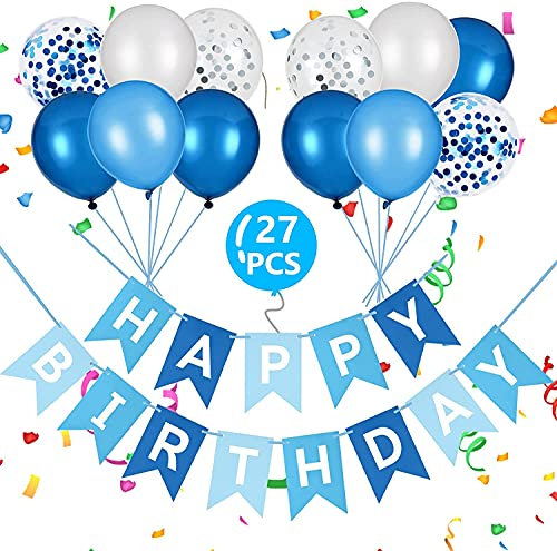 Vicloon Birthday Banner Kit, 27PC Bunting Balloons, Triangle Flag Banner and Confetti Latex Balloons for Party Supplies (Blue)