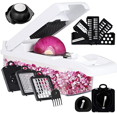 KEOUKE Affettaverdure a mandolina professionale, 16 in 1, lame intercambiabili, con contenitore, paramani e scolapiatti, affettatrice a spirale per verdure e cipolla, cetriolo, frutta