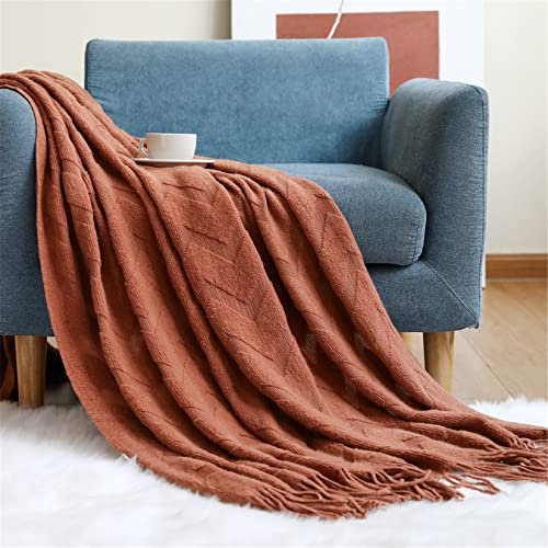 Hayisugal Wohndecke Boho Decke Weich Strickdecke Wolldecke mit Quaste Kuscheldecke Sofadecke Couch Decke Überwurfdecke Tagesdecke, Karamell, 130 x 200cm