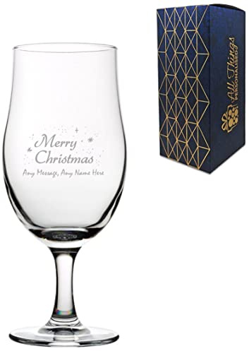 Personalised Engraved Merry Christmas Draft Stemmed Beer Glass, 20oz/590ml Tulip, Thoughtful Customised Gift, Laser Engraved in The UK, Dishwasher Safe Clear Glass, Dishwasher Safe