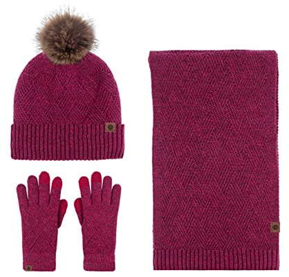 LumiSyne Winter 3 In 1 Mütze Schal Handschuh Sets Für Herren Damen Einfarbig Rhombus Strickmütze Beanie Langer Schal Touchscreen Handschuhe Bommelmütze Mit Pompom Weiche Wolle Thermisch Fleece Futter