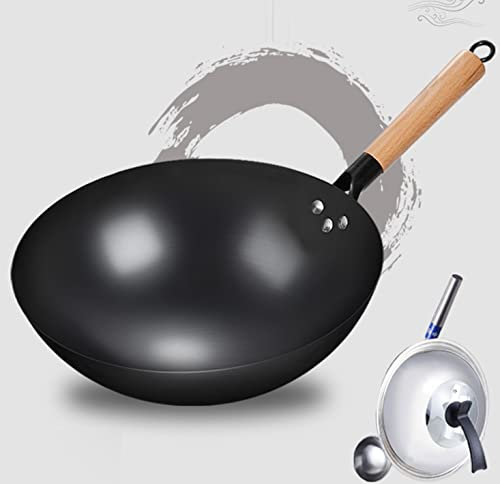IMPREC Wok Tradicional, Wok De Acero Al Carbono Wok Antiadherente Wok De Hierro Fundido Wok Wok Chino con Mango De Madera Y Tapa Compatible con Todas Las Estufas (Size : 34cm)
