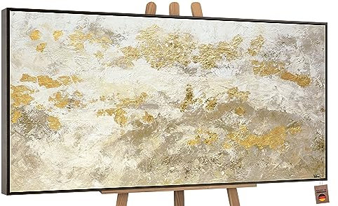 YS-Art Abstrakt Acryl Gemälde auf Leinwand handgemalt mit Blattgold glänzendes Gold Wandbilder Wohnzimmer moderne Wohndekor Bilder Büro echte Kunst mit Rahmen 200x100 cm