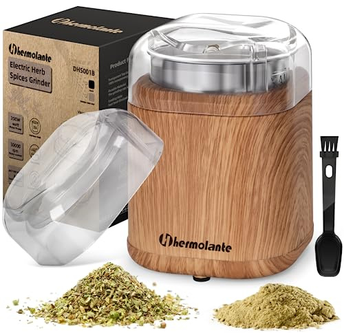 Hermolante Electric Herb Spice Grinder, 200 w Electric Grinder with Stainless Steel Blade and Cleaning Brush, Compact Size Grinders for Herbs and Spices - 5.11in (Wood Grain)