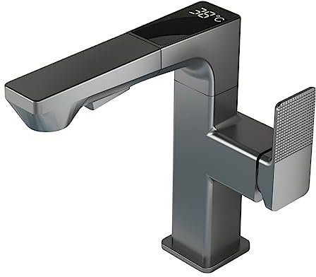 Ksunun Waschbecken Armaturen Mit Temperaturanzeige, Wasserhahn Bad Mit Ausziehbar Brause, KüChenarmatur Mit Brause Ausziehbar, Waschtischarmaturen, Waschtischarmatur Mit Herausziehbarer Brause
