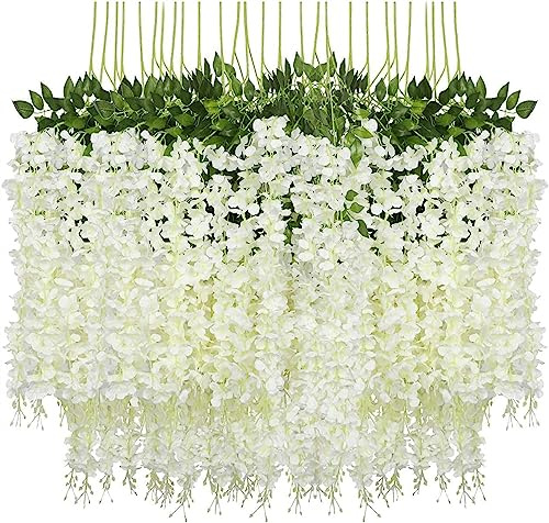 Denxahao Kunstblumen künstliche Glyzinien Blumen, Girlande Pflanze gefälschte hängende Blumen Rebe Künstliche Wisteria Girlande für Hochzeit, Geländer, Zuhause, Büro, Party, 110CM (12PCS/Weiß)