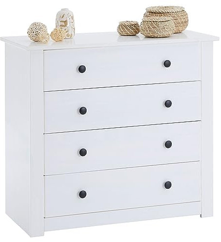 IDIMEX Commode Chambre Paulo L 73 cm en Bois Massif Blanc avec 4 tiroirs, Meuble de Rangement à vêtements pour Chambre Adulte 80 x 73 x 40 cm