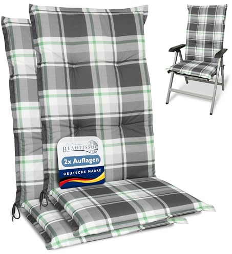 Beautissu 2er Set Hochlehner Auflagen für Gartenstühle Polster kariert | 120x50cm Mintgrün 6cm dicke Polsterauflage bequem Stuhlkissen Sitzauflage rutschfest UV-Lichtecht Sunny MK
