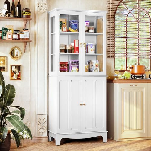 HOLTICO Freistehender Küchenschränke mit Glastür, Glasküchenschrank Vitrinen Klassischer Hoher Schrank mit Glastür und Verstellbaren Regalen für Küche, Wohnzimmer und Esszimmer, Weiß
