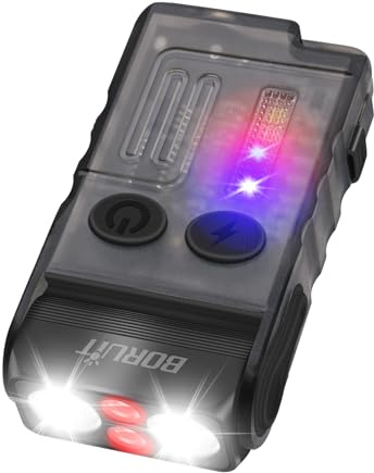 BORUIT V20 Taschenlampe LED Aufladbar 1000LM mit Rotes und Blaues Warmes Licht, 180° Drehbar, 110 dB-Summer Mini Taschenlampen, 13 Modi IP67 Wasserdicht Klein Flashlight