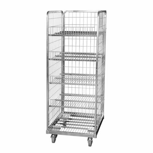 Stahlrollbehälter 600, 610 x 610 x 1.655 mm, mit 4 Zwischenböden mit Aufkantung 100 mm, 3-seitig, Nutzhöhe 1.490 mm, Rollplatte aus Metall, 500 kg