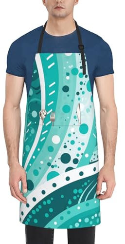 OUSIKA Schürze für Damen und Herren, wasserdichte Schürze mit 2 Taschen, verstellbare Latzschürze, Küchenschürze, Kochschürze, Chef, robuste Arbeitsschürze, Türkis und Weiß, Schwarz , One size