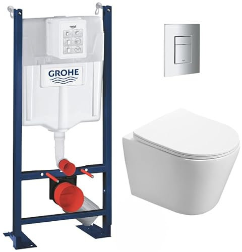 WC Suspendu Pack Complet Accessoires - Pack WC Grohe Bâti autoportant, WC sans bride SAT Infinitio, Abattant softclose, Plaque chrome mat, Abattant WC,Cuvette Toilette, Chasse d'eau Wc, Mécanisme
