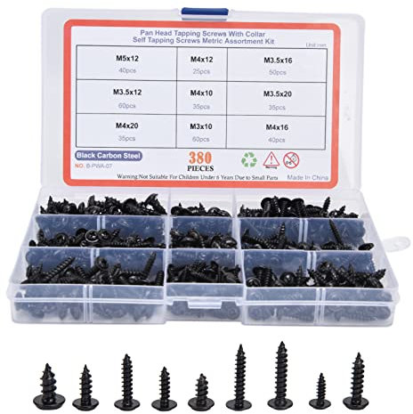 FLEXMAN 380 Teiliges Selbstbohrendes Schraubenset, Schwarzer Kohlenstoffstahl Bohrschrauben Selbstschneidend, Schrauben Sortiment für Stahlblech, Aluminium, Kunststoff Geeignet