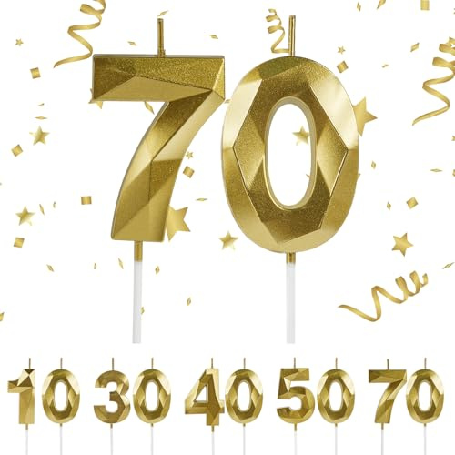 URAQT Candele di Compleanno Numero, Candele di Compleanno Oro Glitter, Adatto A Feste di Compleanno, 2 Candele Digitali 3D, Feste di Anniversario di Matrimonio, Serate di Laurea (70)