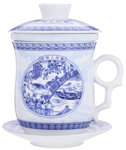 CIYODO Porcelain Tea Cup with Saucer and Infuser Chinese Style Lidded Tea Cup Traditional Mug for Loose Leaf Brewing Serving Home Office Gift Use 5.71 in