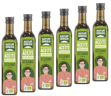 NaturGreen - Aceite de Sésamo, 100% Aceite de Semillas de Sésamo, Prensado en Frío, Procedente de la Agricultura Ecológica, Alto Contenido en Grasas Poliinsaturadas, Vegano - Pack 6 Unidades de 500ml