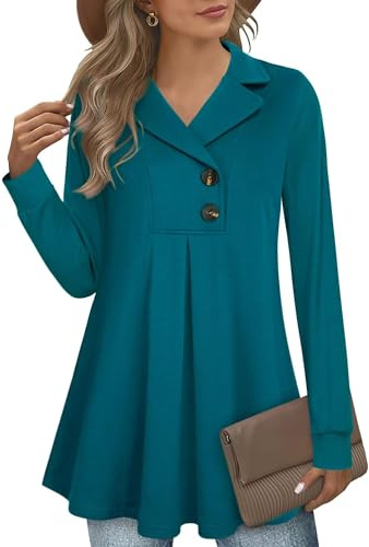GUUKA Damer vardaglig långärmad v-ringad gunga tunika toppar lös veckad pullover lång höst tröjor för kvinnor UK, 0 Mörk cyan, XL