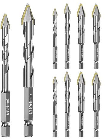 10pcs Tile Drill Bits Set, 6/8/10/12mm High Strength Eccentric Twist Drill Bit Set for Ceramic Glass Granite Marble Brick Wood, Strength Carbide Drill Bits with Hexagonal Shank (Grey)