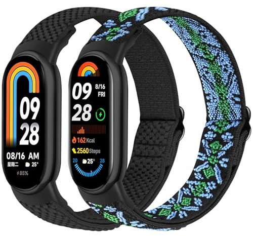 BTTNG Nylonarmband, 2 st., unisex, endast kompatibelt med Xiaomi Smart Band 9/8, ersättningsband, elastiskt och justerbart, för Xiaomi Mi Band 8, Xiaomi Smart Band 9/8, modernt
