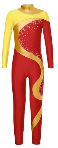 iEFiEL Kinder Mädchen Turnanzug Langarm Glänzende Tanzbody Ganzkörper Overall Traininganzug Einteiler Tanzanzug Trikots Wettbewerb Kostüm Gelb Rot 134-140
