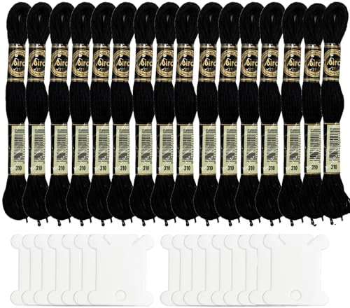 16 Stücke Schwarze Stickgarne mit 16 Spulen, Stickerei Stickseide Schwarzes Kreuz Stichgarn Baumwolle Handarbei Fäden Nähen Basteln Fäden zum Stricken, Stickerei Nähen Projekte