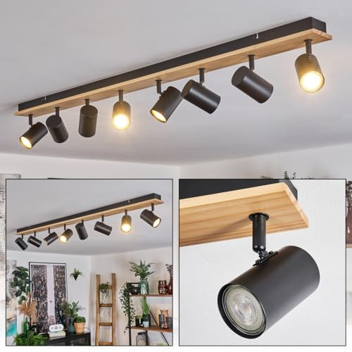 HOFSTEIN Deckenleuchte Gesteira, 8-flammige Deckenlampe aus Metall/Holz in Schwarz/Natur, Leuchte im Boho-Design mit verstellbaren Schirmen, GU10, Esszimmer, Wohnzimmer, Küche, Schlafzimmer, Flur