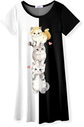Arshiner nattlinne flickor kortärmad pyjamas barn sovklänning katt enhörning rund hals nattlinne 4-12 år, Svart vit, 11-12 Years