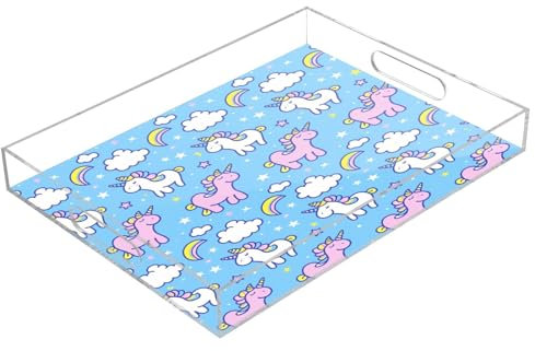 White Pink Unicorn Acrylic Serving Trays, Clear Rectangular Tray with Handles Serving Platter for Coffee Table Kitchen Bathroom