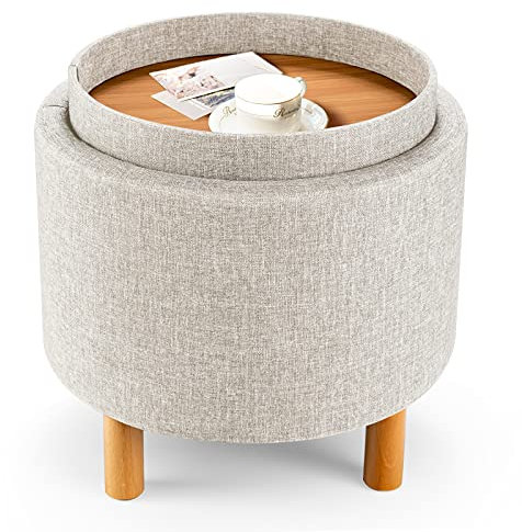 COSTWAY Sitzhocker mit Stauraum, runder Fußhocker mit abnehmbarem Deckel, Schminkhocker gepolstert bis 150 kg belastbar, Ottoman Polsterhocker modern für Wohnzimmer, Schlafzimmer (Beige)