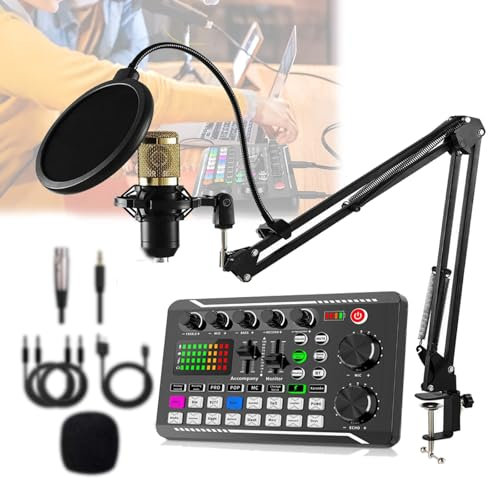 Bluetooth Podcast Equipment Bundle,Mini Sound Board Cantilever Set,with 8 Mode,12 Electric Tone,4 Sound Change,16 Sound Effects,Professional Dj Mixer Board for Live Streaming,Combo1