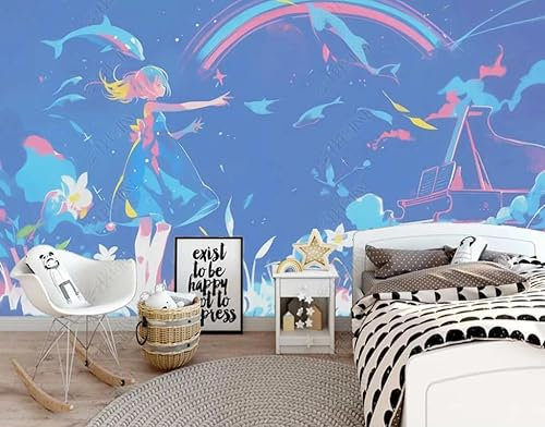 papel tapiz fotográfico Habitación Infantil Niña Blue Rainbow Póster de decoración de pared de dormitorio, sala de estar, mural no tejido 350CM(Ancho)*256CM(Alto)