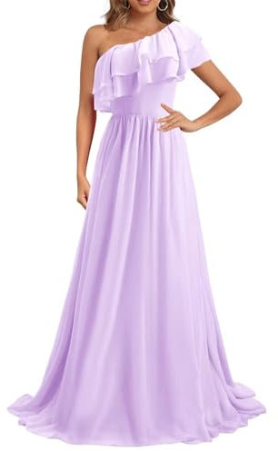 KURFACE Vestido largo de gasa con un hombro descubierto, para dama de honor, con volantes, acampanado, formal, para fiesta, Lila, 38