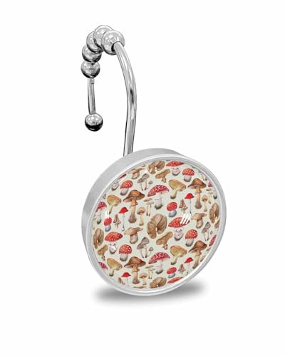 Shower Curtain Hooks Set of 12, Retro Mushroom Spring Summer Plant Leaves Crystal Glass Showers Curtains Rings, Bathroom Decorative Rod Stainless Steel Rust Proof Roller Hangers Hook