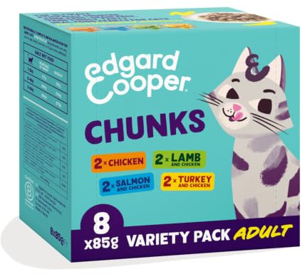 Edgard Cooper Comida húmeda para Gatos en Salsa, Multipack Pollo-Cordero-Salmon-Pavo 8 x 85g, sin Cereales, nutrición Sabrosa y equilibrada, proteínas