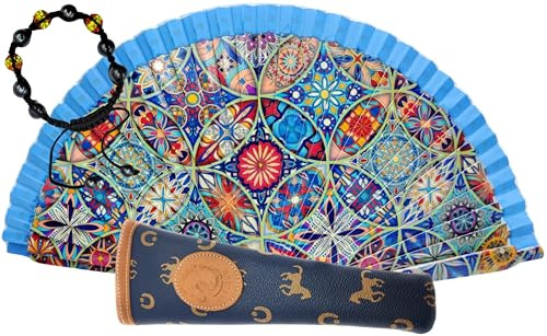 Planta Color Abanico de Madera con Precioso Estampado Geométrico. Incluye una Funda para Proteger el Abanico. Pulsera de Regalo con Diseño Original (Azul Etnico)