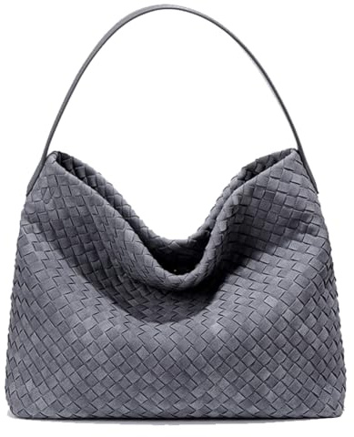 KlaOYer Gewebte Wildleder-Tragetasche für Damen, Sommer, Strand, Hobo-Tasche, große Reise-Umhängetasche, vegan, Umhängetasche, handgefertigt, Grau