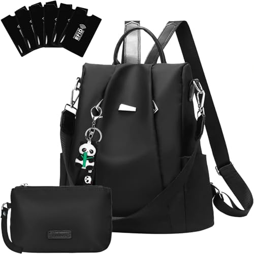 Eshow Petit Sac a Dos Antivol Femme, Sacs à Main Portés Dos Elégant Léger, Sacoche Bandoulière avec Étui anti RFID & Pochette pour Voyage Travail Loisirs Université L'école Noir