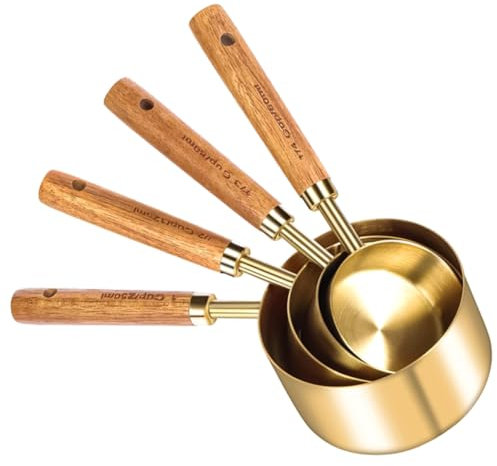 HOLIDYOYO Measuring Spoon Set with Wooden Handles 4 Piece Metal Measuring Cups Spoons for Baking Cooking